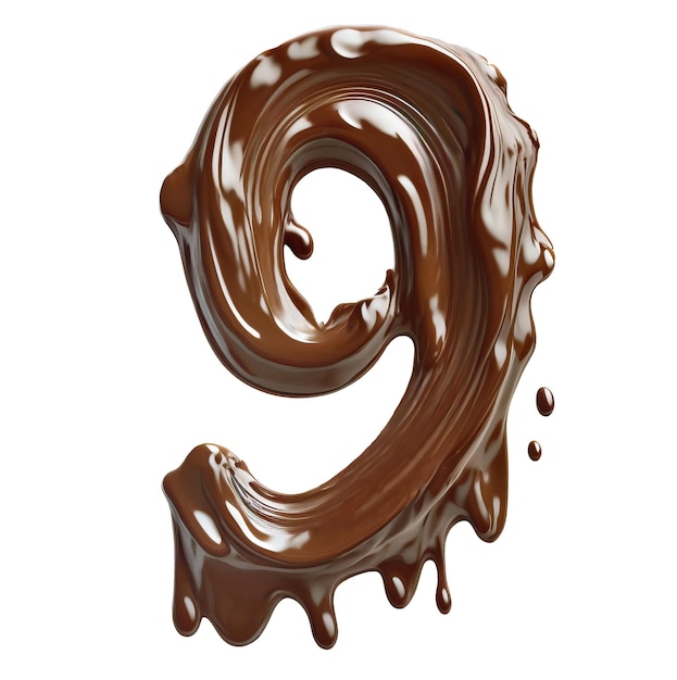 Melted chocolate number 9 top view on white background Generati