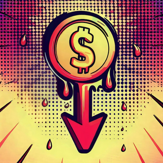 Melted coin with dollar sign and downward arrow Loss currency drop depreciation Business concept