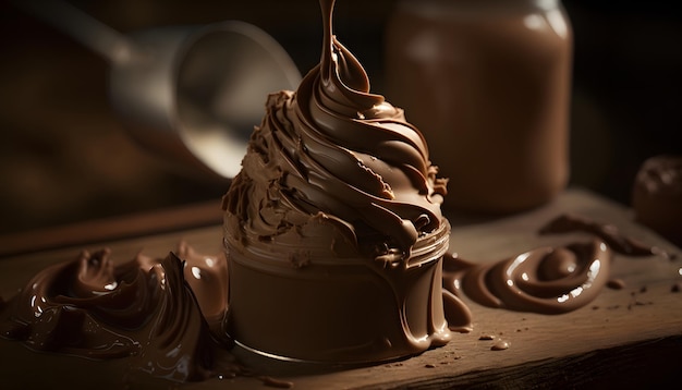 Melted dark chocolate flowing, sweet dessert background