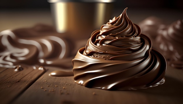 Melted dark chocolate flowing, sweet dessert background