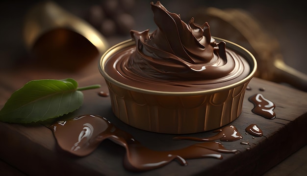 Melted dark chocolate flowing, sweet dessert background