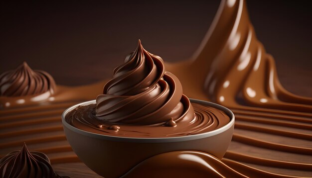 Melted dark chocolate flowing, sweet dessert background