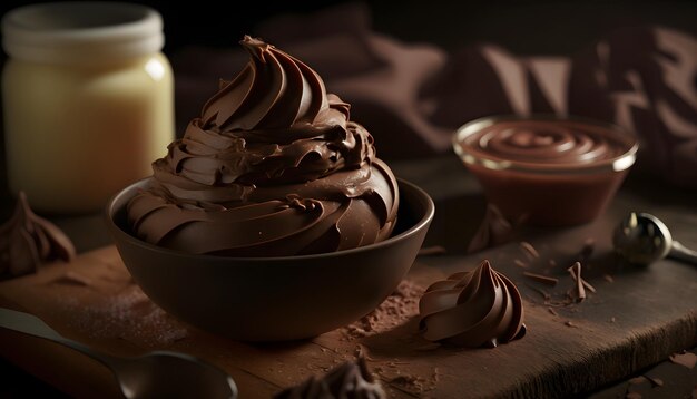 Melted dark chocolate flowing, sweet dessert background