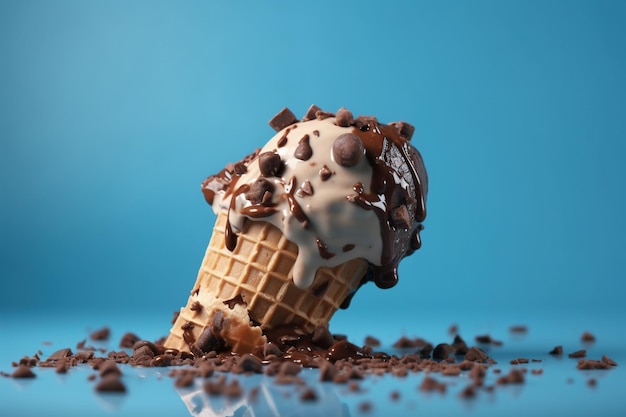 melted ice cream cone with chocolate on blue background