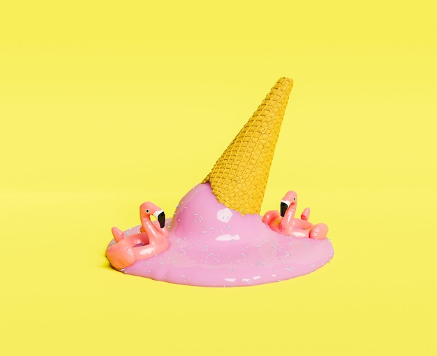 Photo melted ice cream cone with flamingo floats