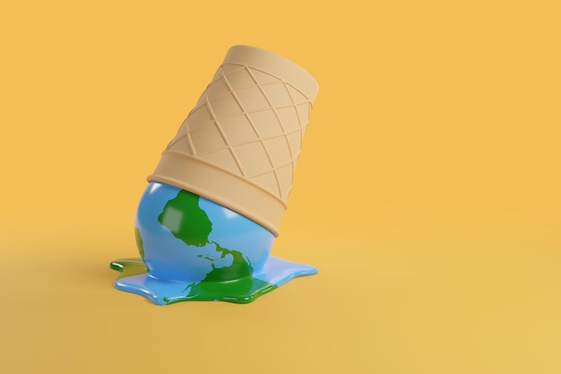 Melted ice cream in the shape of planet earth with copy space Global warming concept 3d illustration