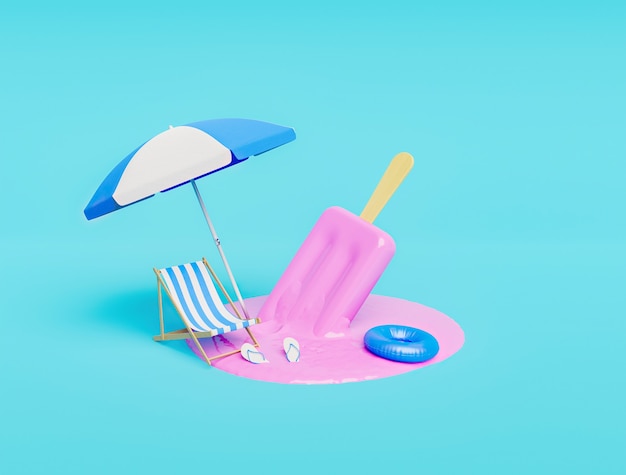 Photo melted strawberry ice cream with beach accessories