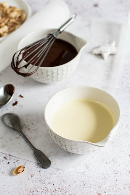 Melted white and dark chocolate