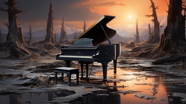 На сюрреалистической картине изображен тающий черный фортепиано на пляже при закате