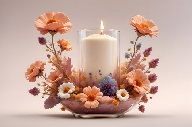 Melting candle in glass and flowers