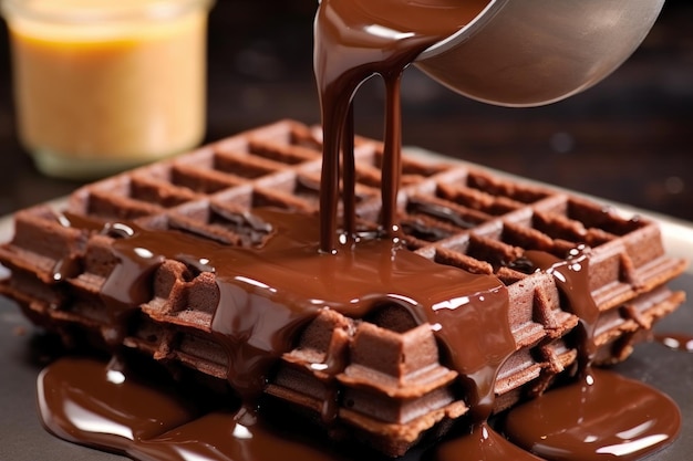 Melting chocolate for drizzling over waffles created with generative ai