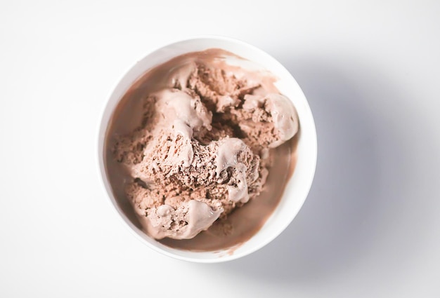 Melting chocolate ice cream in a white ceramic cup