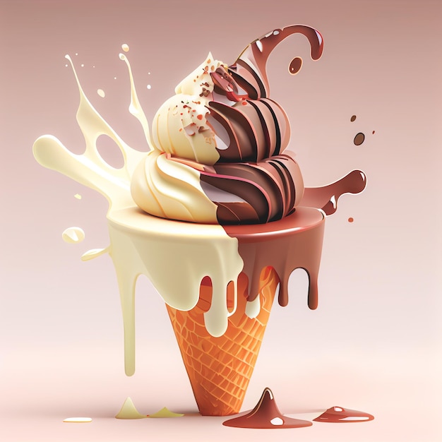 Melting ice cream balls in the waffle cone isolated on background 3D Illustration flat icon