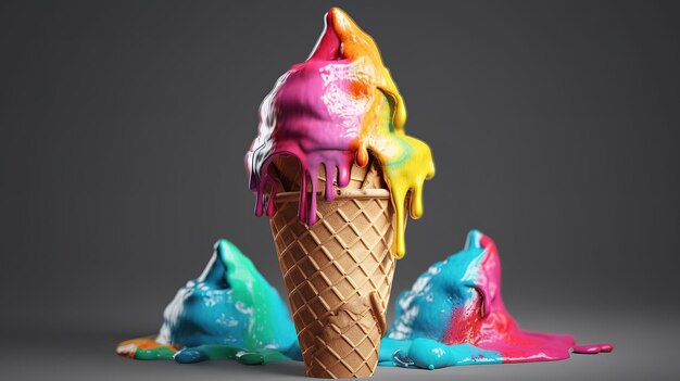 Melting ice cream cone Bright color Generative Ai
