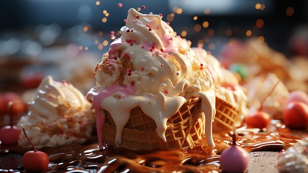 Photo melting ice cream cone closeup photo realism