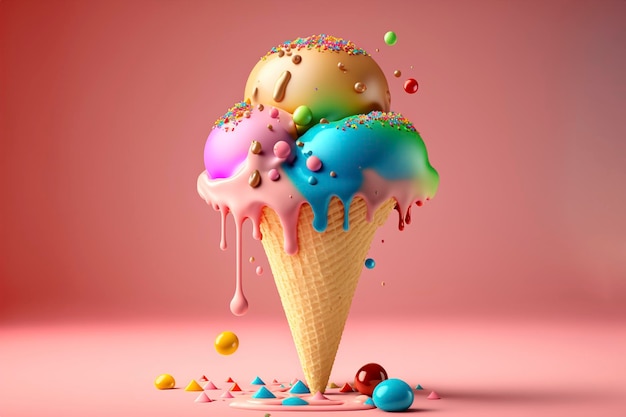 Melting ice cream cone created with generative ai technology high quality illustration