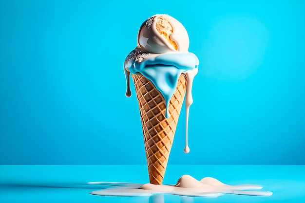 Melting ice cream cone isolated on blue background with copy space