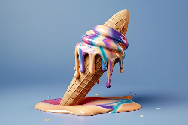 Melting ice cream cone Refreshing pleasure concept for summer and heat Generative AI