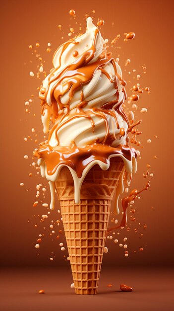 Melting ice cream in cone solid color background