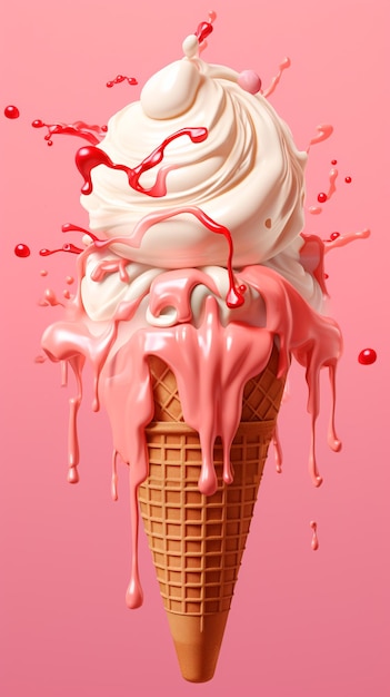 Melting ice cream in cone solid color background