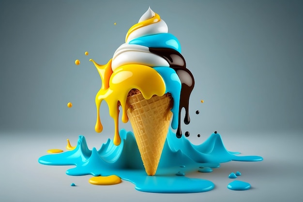 Melting ice cream cone with sweet yellow and blue caramel isolated on a clean background