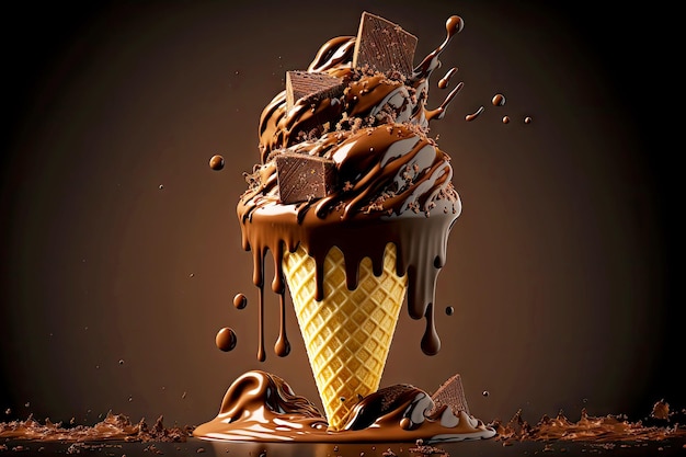 Melting ice cream covered with dark chocolate with chocolate splash and drops