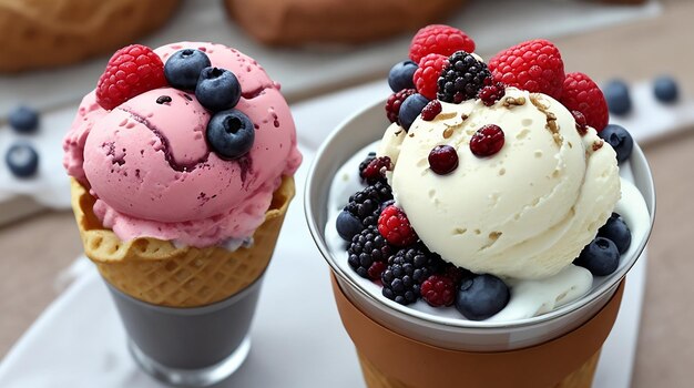 Melting ice cream with berries generated by ai