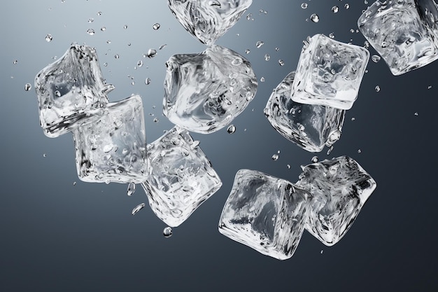 Тающие кубики льда на сером фоне Тающие кубики льда Кубики льда крупным планом Кристально чистый кубик льда