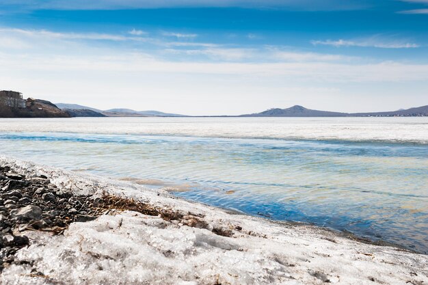 Melting ice on the lake. Beautiful spring landscape