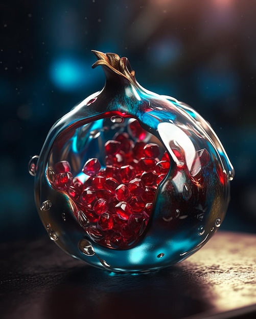 Photo melting liquid metal pomegranate halfcut made of silver and carnival glass generative ai