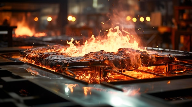 Foto fusione di metallo versando acciaio liquido rilasciando fiamma incandescente industriale