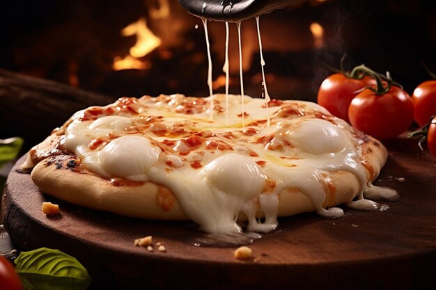 新しく焼いたグルメピザの上にモザレラを溶かす