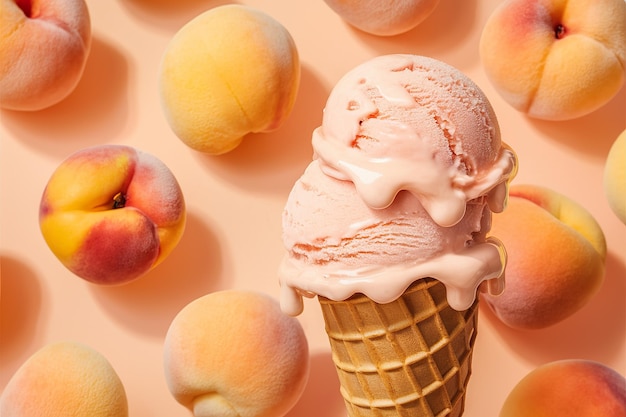 Photo melting peach ice cream cone on summer day