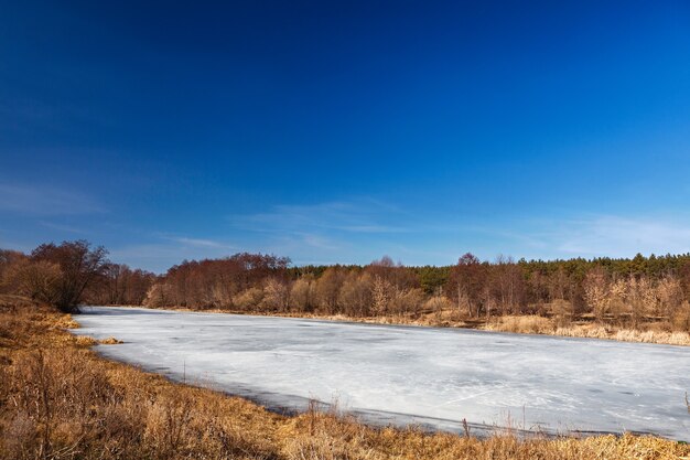 Melting spring ice on the lake. Russia.