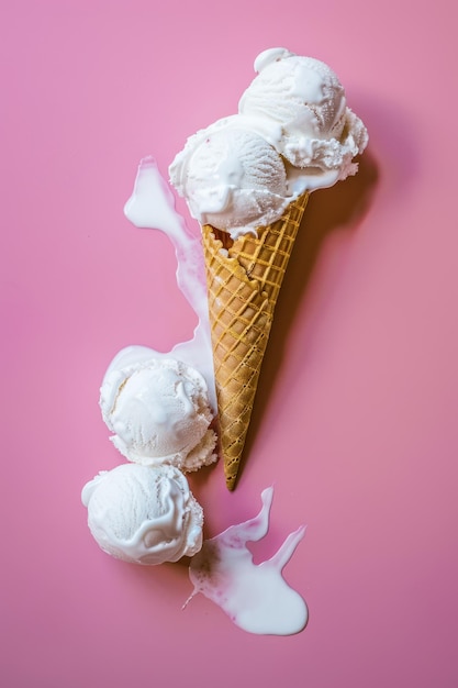 Melting vanilla ice cream balls with waffle cone on pink background Vertical orientation top view