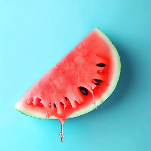 Melting watermelon slice on blue background with space for text Creative summer composition