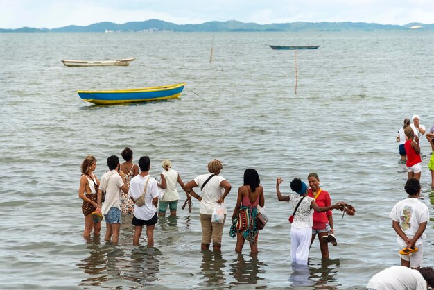 Members of the candomble religion are seen during a religious\
celebration in a terreiro