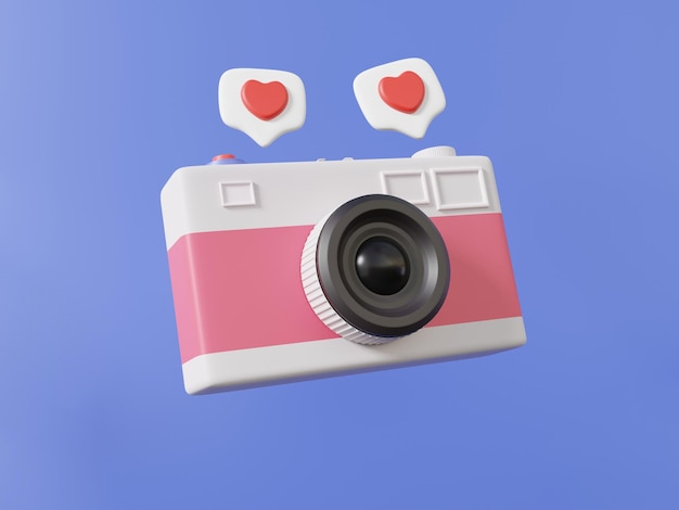 Memo image memory travel holiday summer photography concept\
vintage camera icon floating on purple pastel background heart\
cartoon minimal cute smooth copy space 3d render illustration