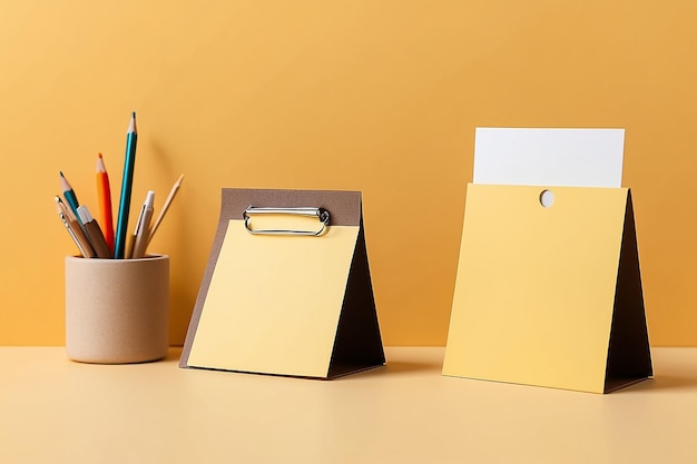 Memo note stand holder with clip with blank card on yellow and brown background Mockup Writing messages Copy space