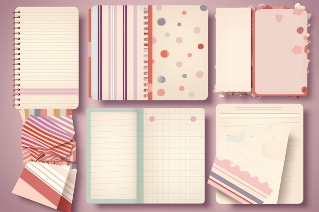 写真 メモテンプレート日記やオフで使用される縞模様のメモの空白のノートブックと破れたメモのコレクション