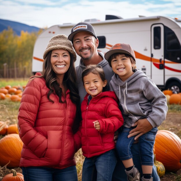 Photo a memorable fall adventure rving with family in a pumpkin patch with a picturesque red barn