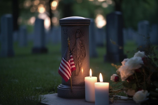 Photo a memorial candle holder with a flag and a lit american flag.