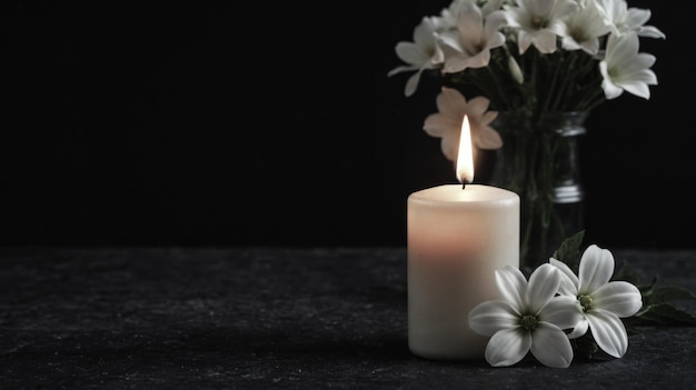 memorial candles flame tribute dark background with red rose petals for remembrance and mourning