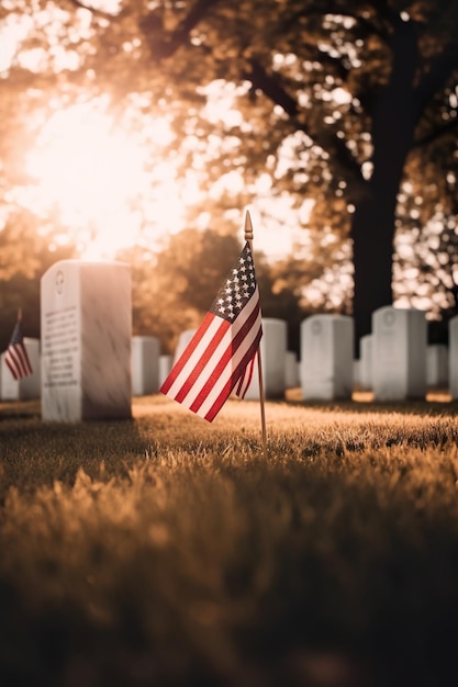 A memorial cemetery with american flags in the foreground