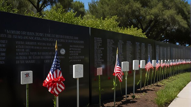 Foto memorial day amerikaanse vlag achtergrondbanner met bloemen en de amerikaanse vlag bij het graf