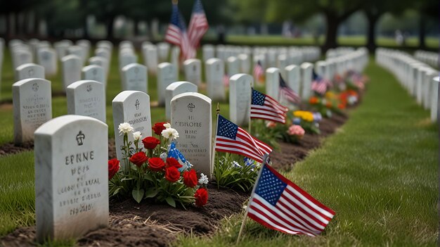 Photo memorial day background with flowers and the american flag near the grave