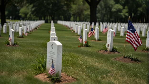 Photo memorial day background with flowers and the american flag near the grave