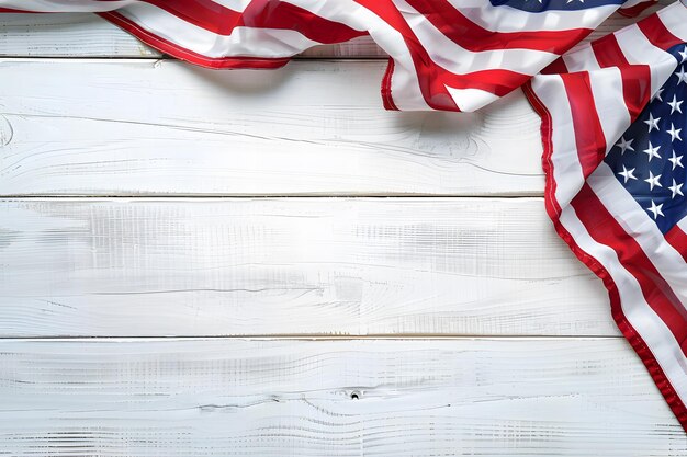 Photo memorial day concept with vintage flag on white wooden background