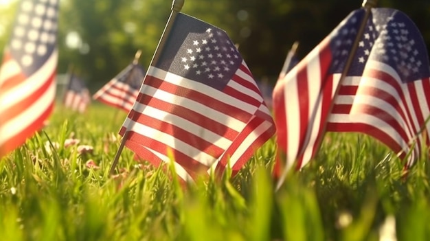 Photo memorial day flags in grass patriotic american background generative ai