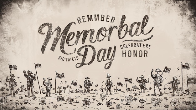 Photo memorial day greeting card hand drawn sketch of memorial day vintage typography generative ai